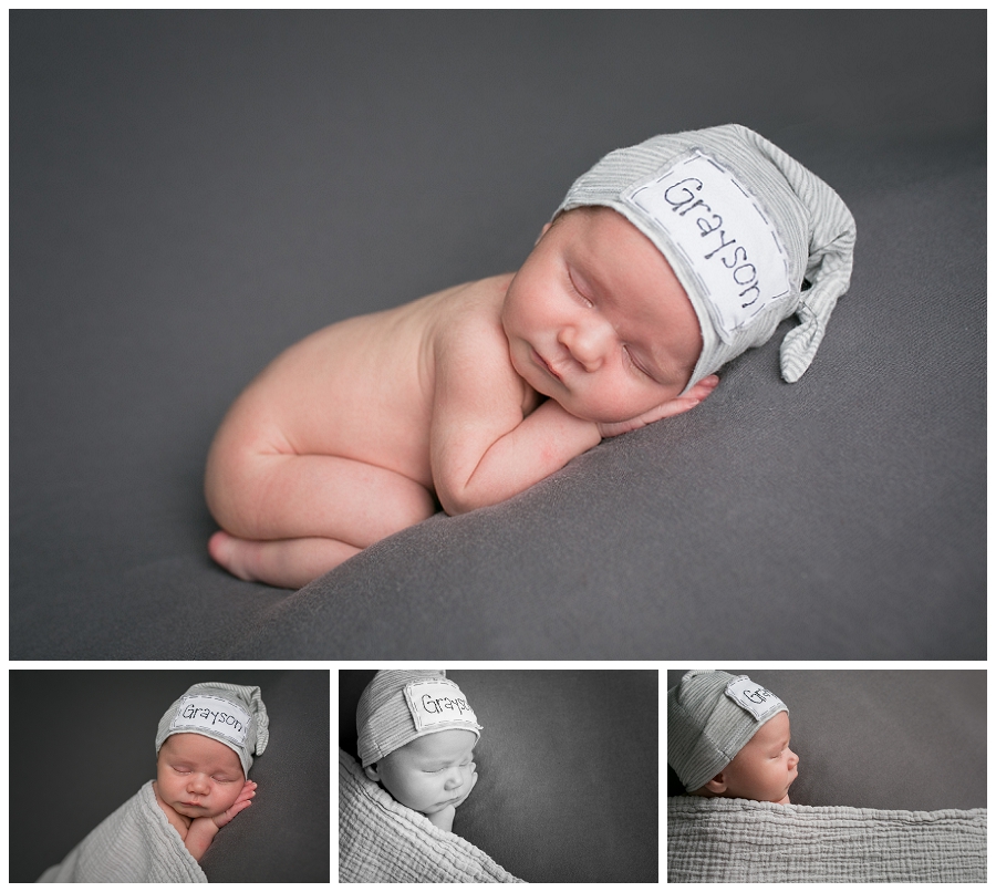 Katie Garber Photography – Williamsport PA newborn photographer – baby boy wearing personalized sleepy cap - Grayson 11-18